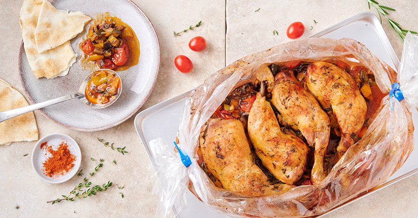 Hähnchenschenkel im Bratschlauch – zart, knusprig und perfekt mit Ratatouille-Gemüse