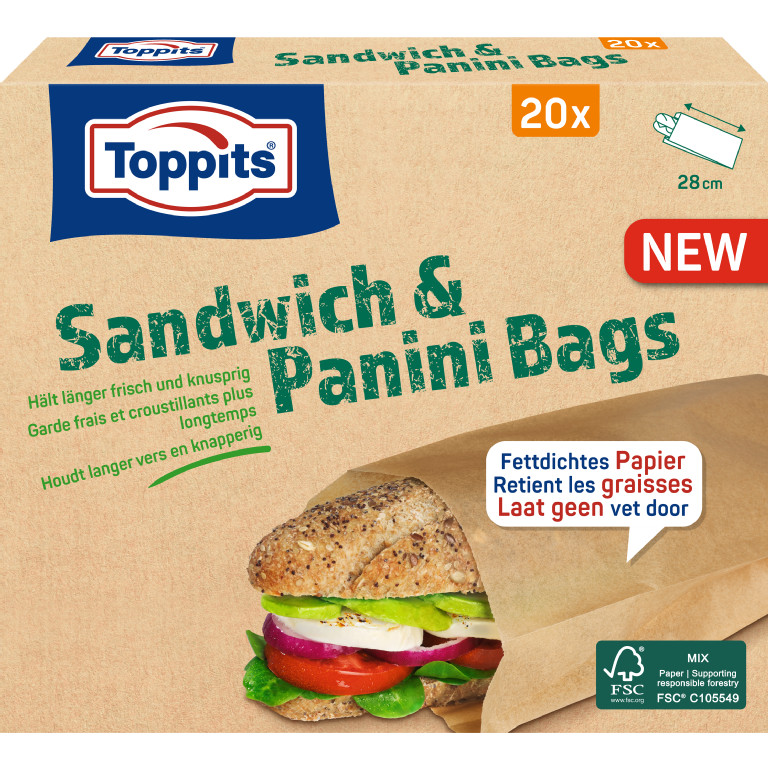 Vorderseite der Verpackung der Toppits Sandwich & Panini Bags