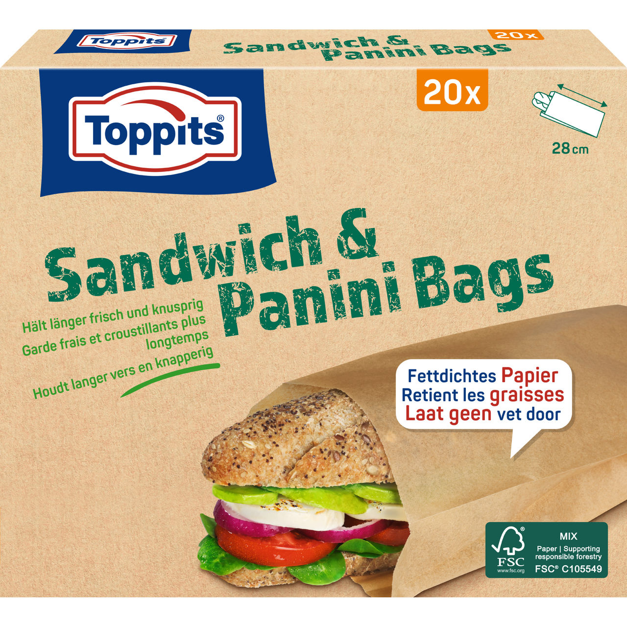 Vorderseite der Verpackung der Toppits Sandwich & Panini Bags