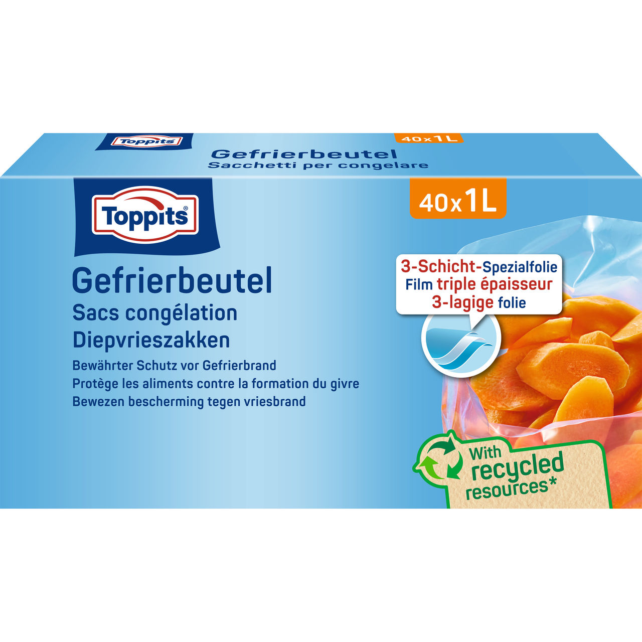 Vorderseite der Verpackung der Toppits Gefrierbeutel 40x 1L