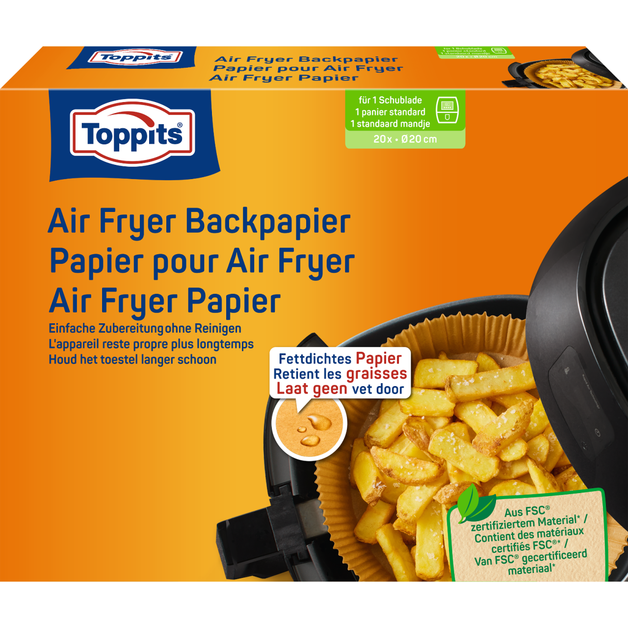 Toppits Airfryer Backpapier Verpackung Vorderseite (20 Stück, Ø 20 cm)