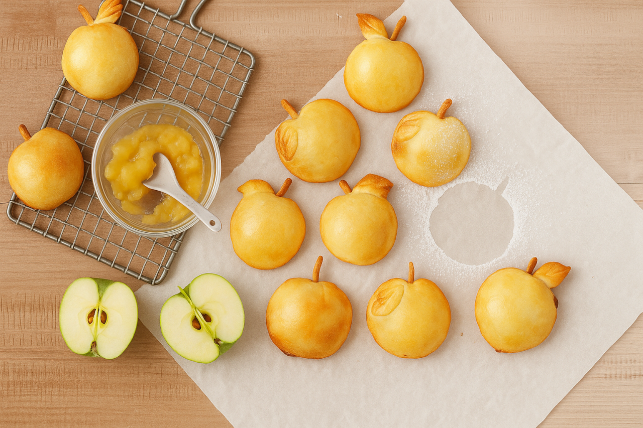 Gebackene Apfeltaschen in Apfelform liegen auf weißem Toppits Backpapier mit Apfelmus Dekoration