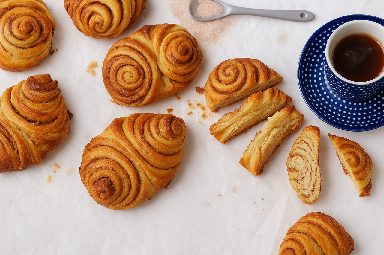 Frisch gebackene Franzbrötchen liegen auf weißem Backpapier, daneben eine Tasse Kaffee und etwas Zucker. Die Franzbrötchen sind goldbraun und spiralförmig, einige sind angeschnitten und zeigen die lockere Struktur - Bearbeitet mit KI