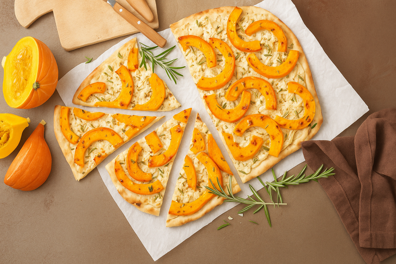 Kürbis-Flammkuchen auf weißem Backpapier mit Struktur. Das Backpapier wurde mit KI bearbeitet.