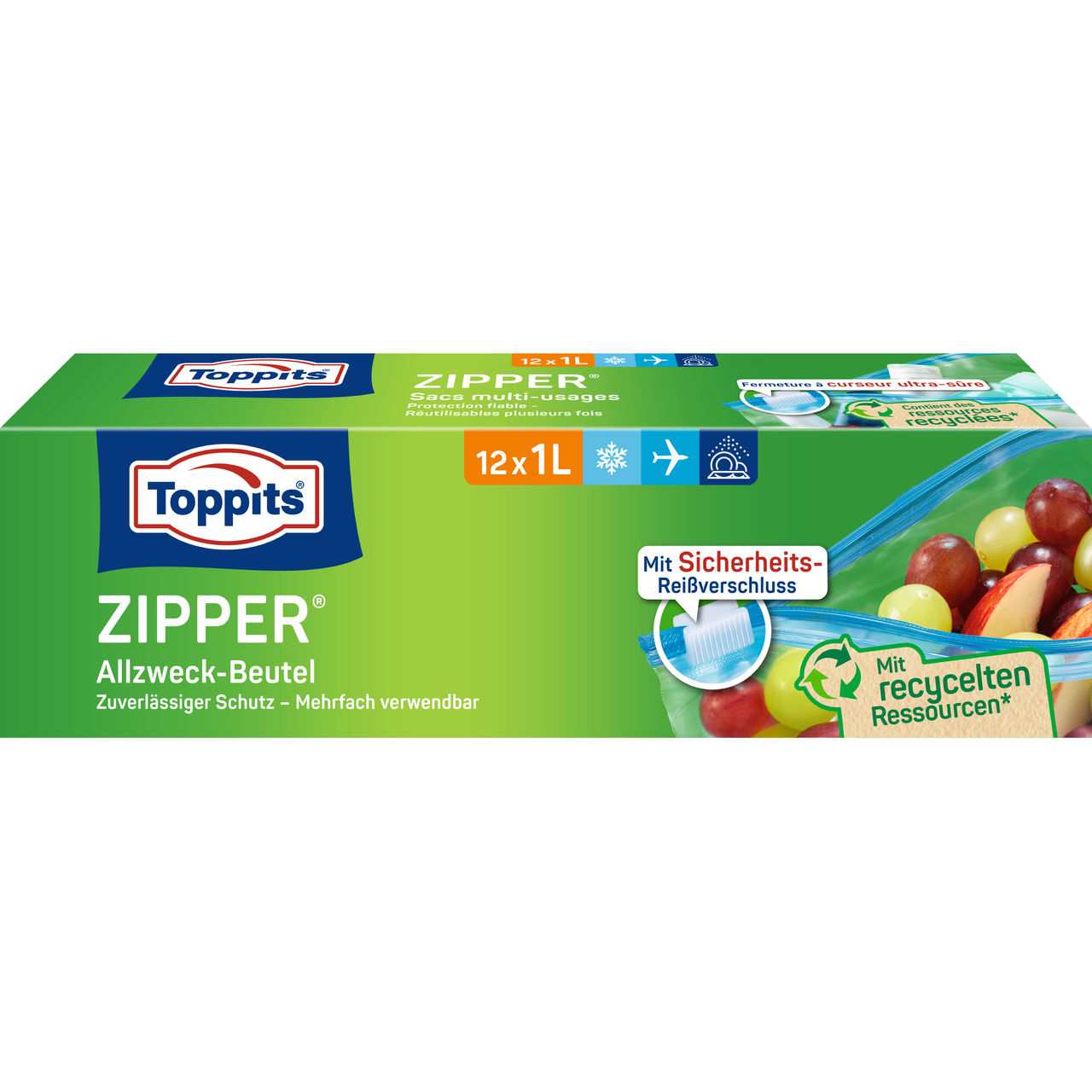 Vorderseite der Verpackung der Toppits Zipper 12x1L