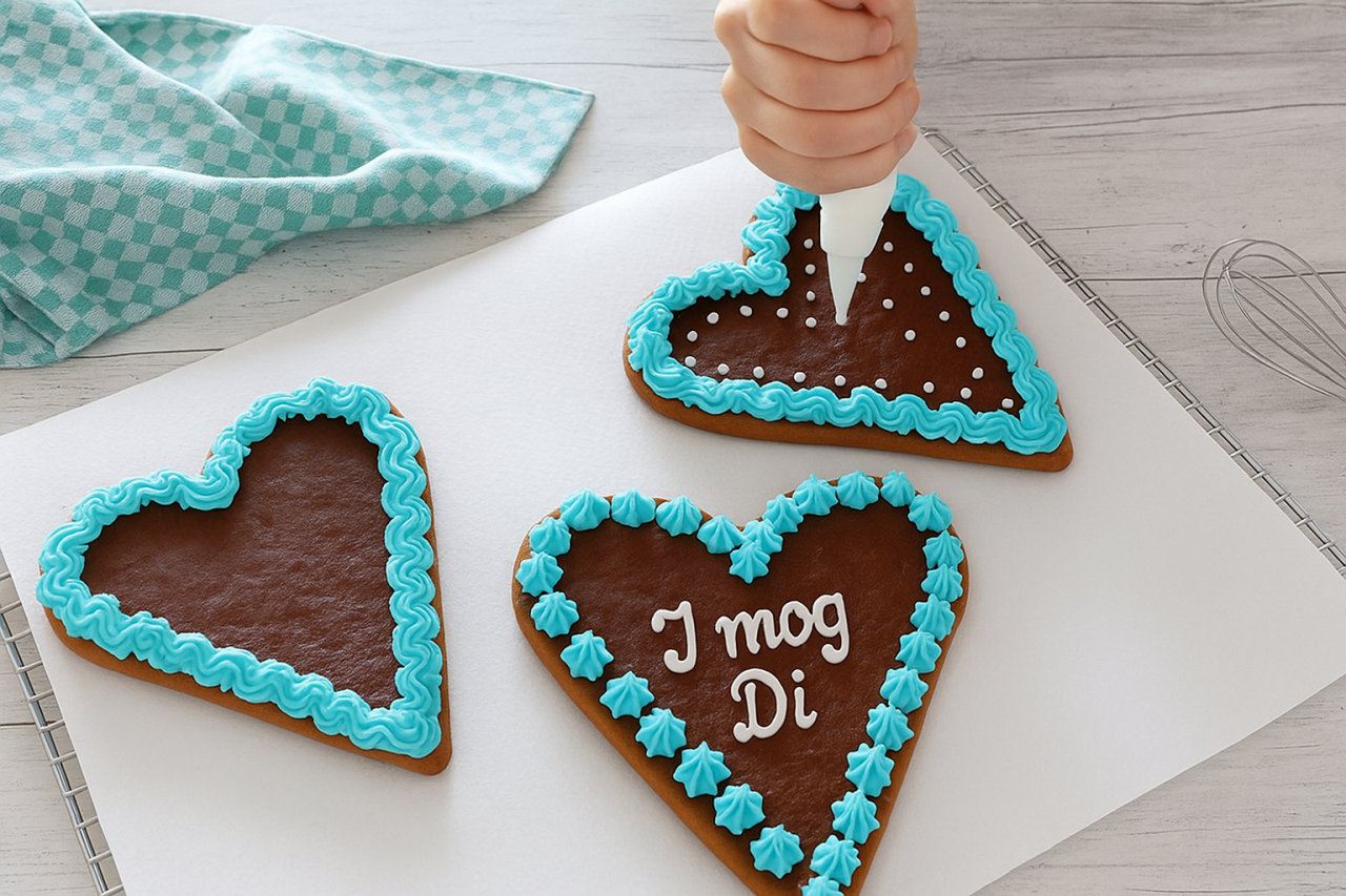 Drei Lebkuchenherzen werden auf weißem Backpapier mit feiner Punktstruktur dekoriert. Das Backpapier wurde mit KI bearbeitet. 