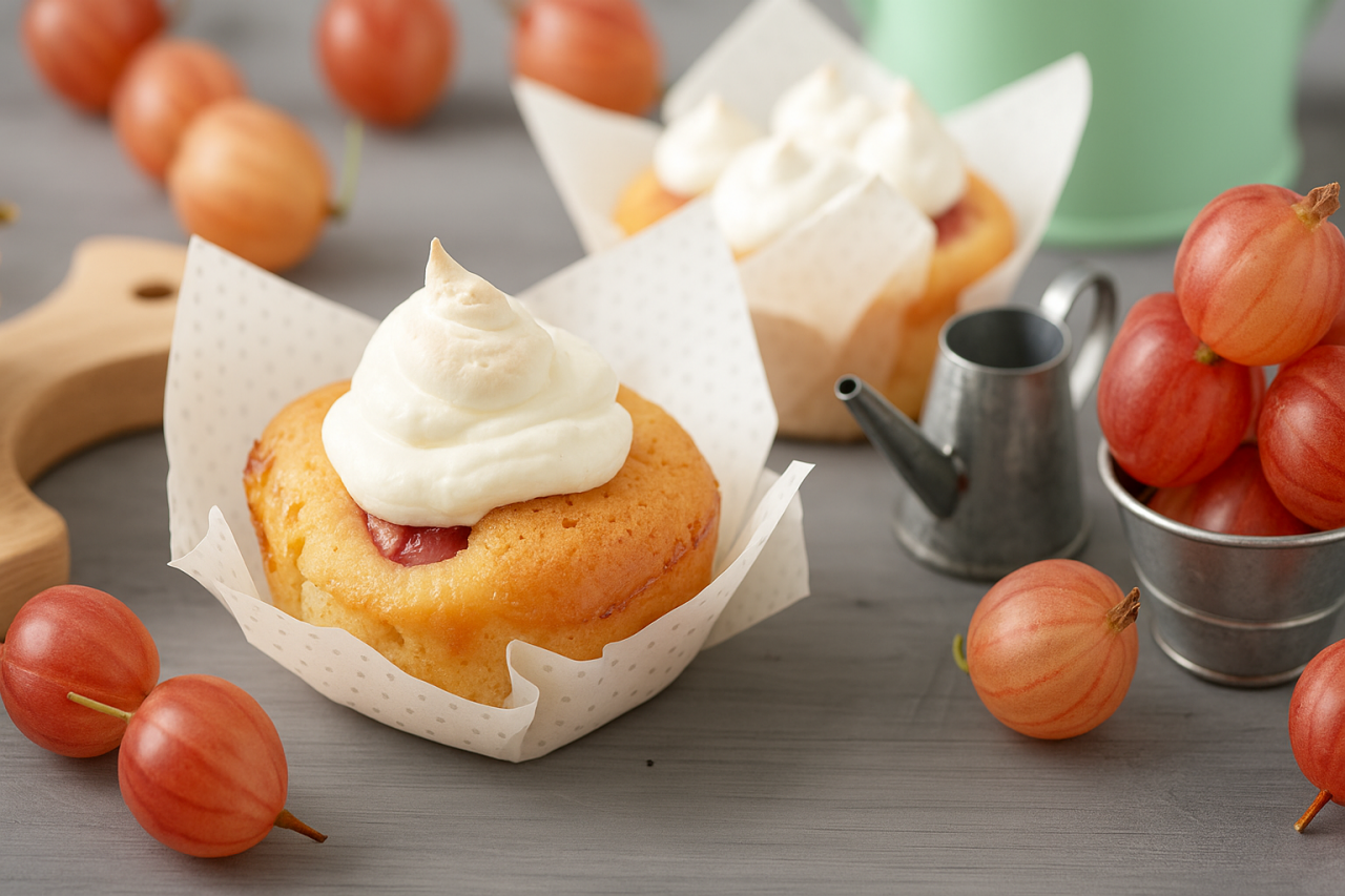 Stachelbeer-Friands mit Meringue-Haube stehen in Förmchen aus weißem Backpapier. Backpapier ist mit KI bearbeitet