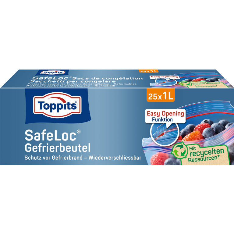 Vorderseite der Verpackung der Toppits SafeLoc Gefrierbeutel
