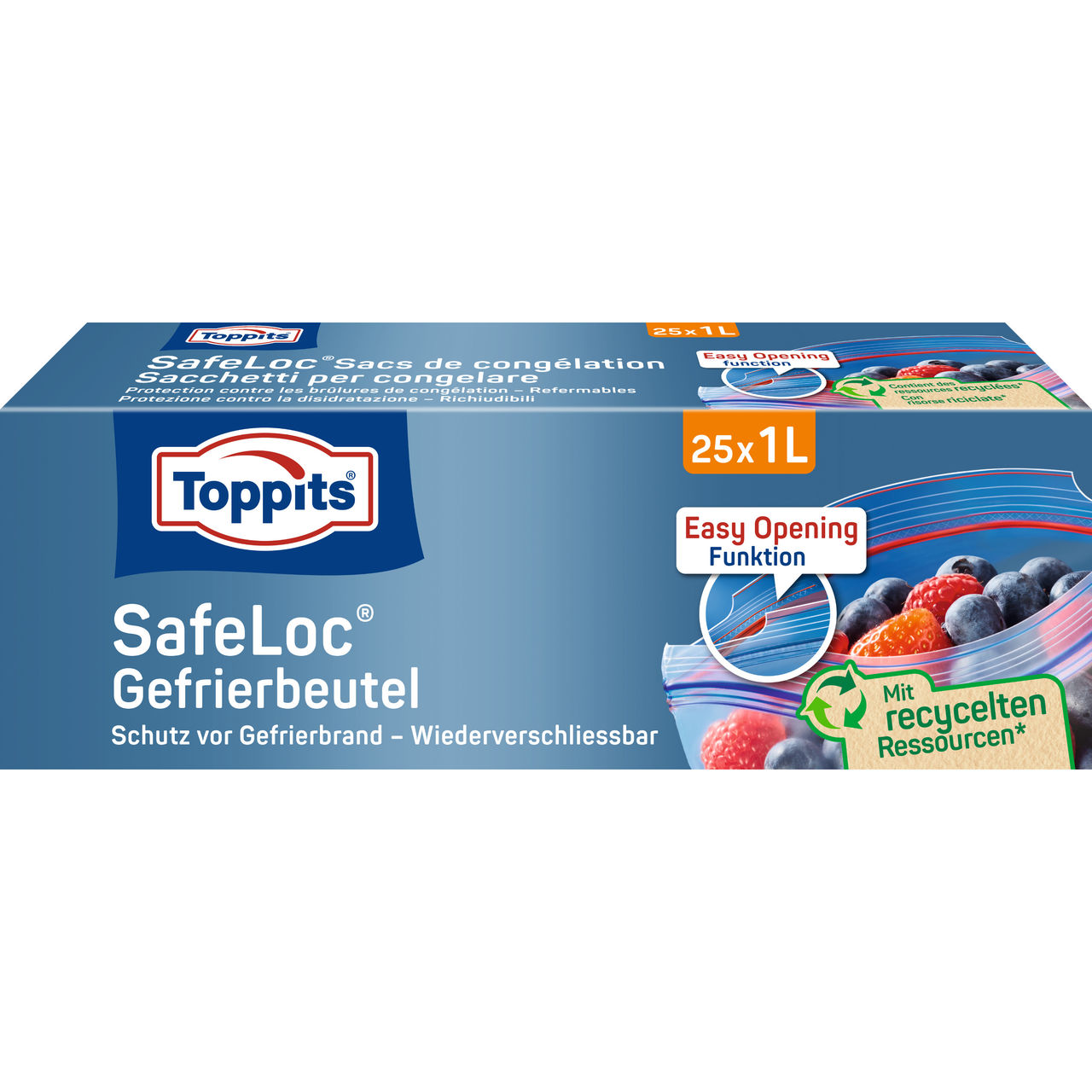Vorderseite der Verpackung der Toppits SafeLoc Gefrierbeutel 25x 1L