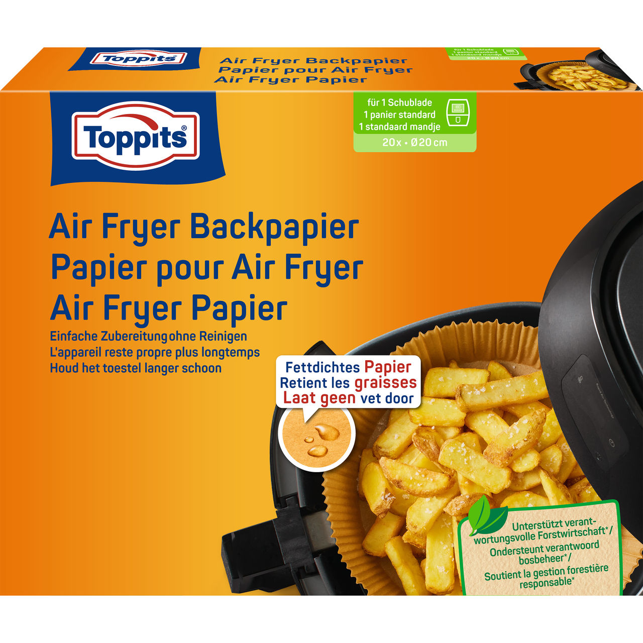 Toppits, Air Fryer Baking Paper, Update November 2025, Packshot, BE, NL, CH, GS1