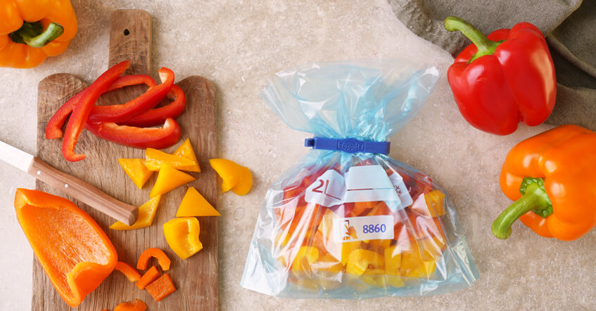 Paprika_einfrieren_Header Bunte geschnittene Paprika in einem Toppits Gefrierbeutel mit Klipp außen verteilt liegen Paprikastreifen und ein Messer