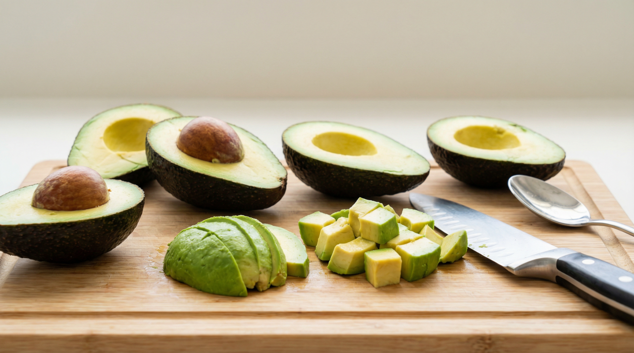 Avocat coupé en deux et en tranches, prêt à être conservé - Generated with AI