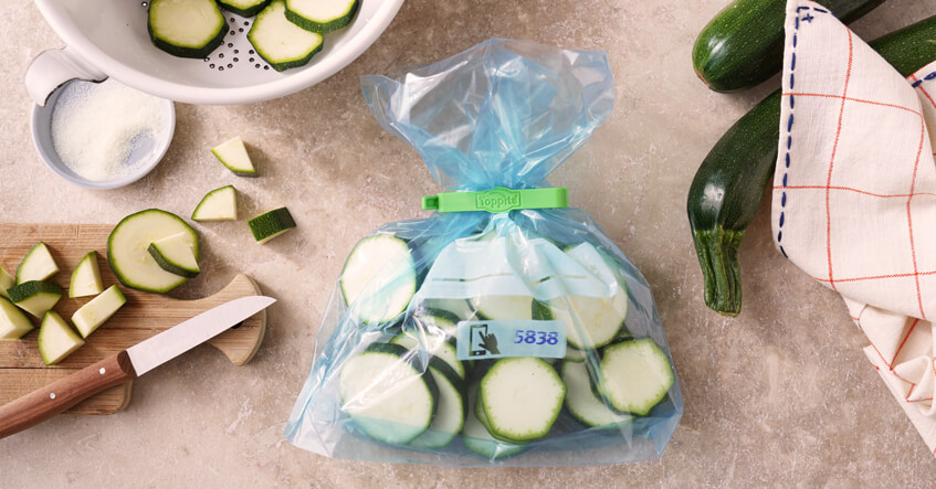 Courgettes fraîches tranchées dans un sac congélation Toppits®